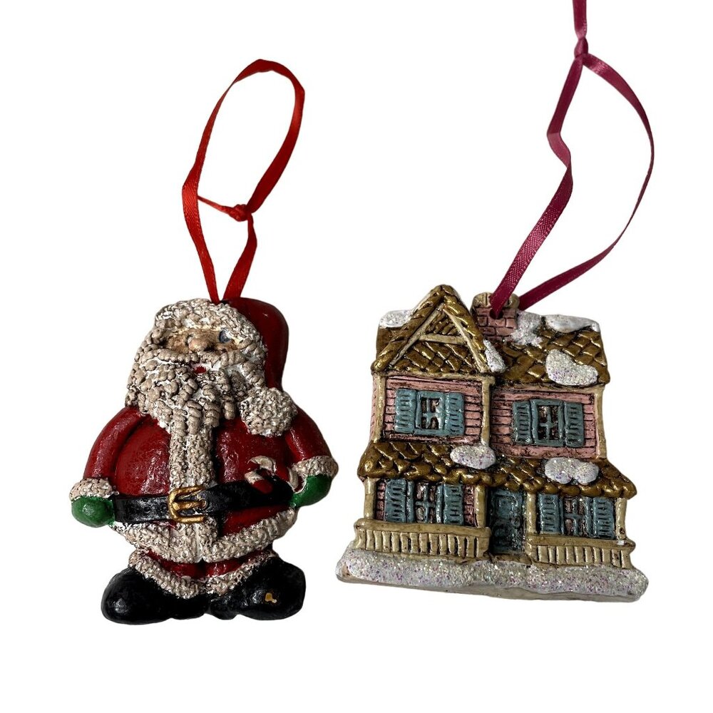2 Pc Vintage Ornaments Handmade Ceramic Santa and House with Snow 3 x 2 Ea u